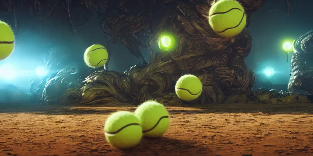 Image similar to a cinematic poster photo of 8 k ultra realistic monster tennis balls, tennis ball monsters, alien exotic, cinematic lighting, trending on artstation, 4 k, hyperrealistic, focused, high details, unreal engine 5, cinematic, alien planet atmosphere in background, 3 d render by beeple