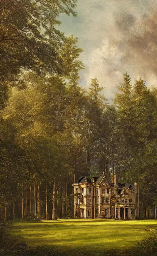 Image similar to portrait of a large victorian manor house in a pine forest, well lit, detailed, cinematic lighting, oil painting