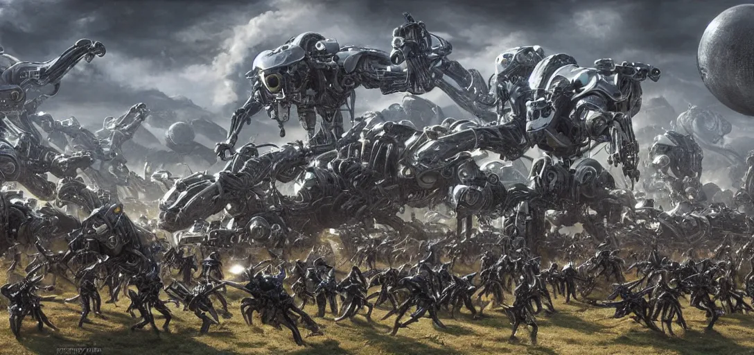 Image similar to epic army of chrome robots battle creatures on alien planet, landscape, alex ross, neal adams, david finch, war, concept art, matte painting, highly detailed, rule of thirds, dynamic lighting, cinematic, detailed, denoised, centerd