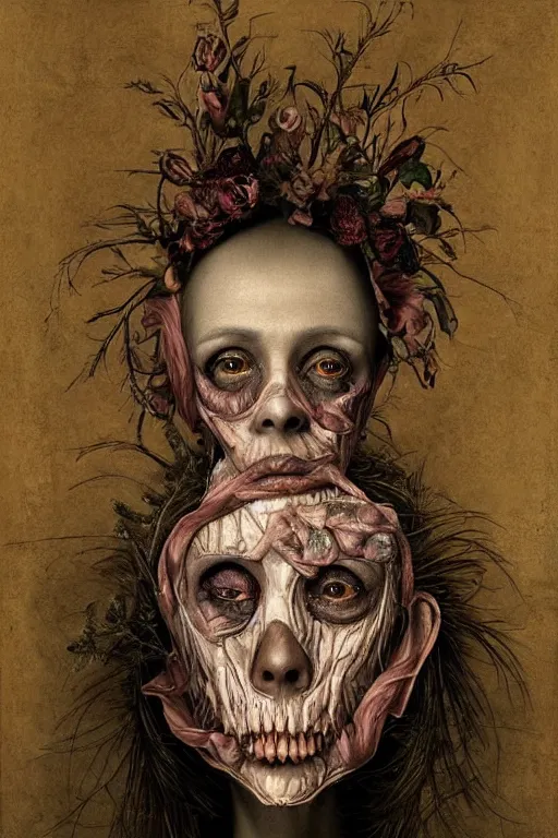 Image similar to Detailed maximalist portrait of a beautiful old woman with large lips and eyes, scared expression, botanical skeletal with extra flesh, HD mixed media, 3D collage, highly detailed and intricate, surreal illustration in the style of Caravaggio, dark art, baroque, centred in image