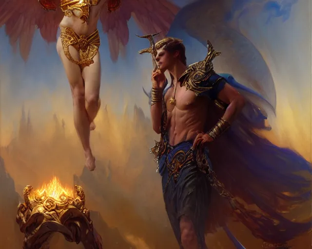 Image similar to attractive pagan male deity, casting chaos magic, summoning handsome lucifer morning star. highly detailed painting by gaston bussiere, craig mullins, j. c. leyendecker 8 k