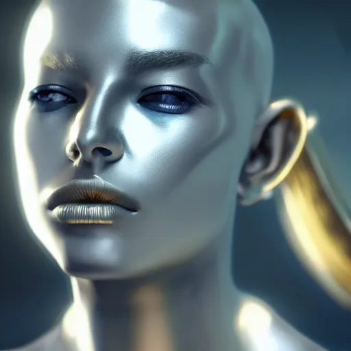 Image similar to a beautiful young male alien with ombre silver and gold skin, cinematic realistic, unreal engine 5,