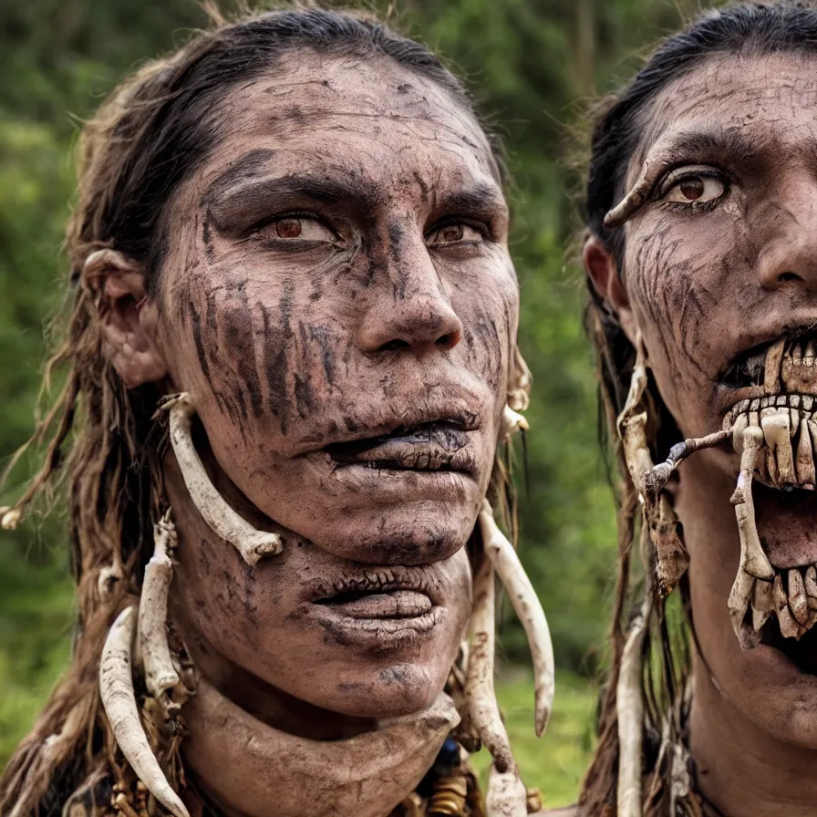 Prompt: extremely detailed award winning national geographic face portrait photography uncut centered and realistic from ancient mayan elder shaman warrior with terrifying face tattoos and heavy bone piercings . 64megapixel. 4k 8k. Photorealistic artwork. Influenced by the movie apocalypto. Landscape background what is slightly blurry and windy.