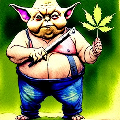 Image similar to a realistic and atmospheric watercolour fantasy character concept art portrait of a fat chibi yoda wearing a wife beater and jeans with pink eyes smiling and holding a blunt with a pot leaf nearby, by rebecca guay, michael kaluta, charles vess and jean moebius giraud