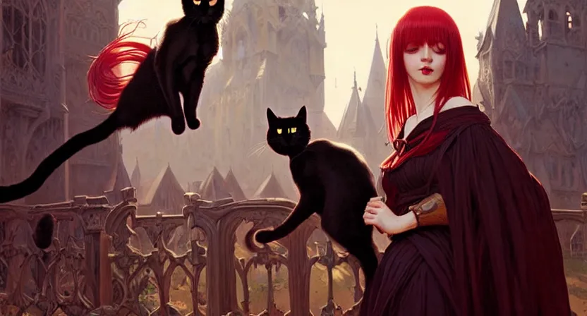 Image similar to mage holding a black cat, red hair straight bangs wearing ivory carved bone armor, medieval town, movie action still frame, ultra wide horizon, intricate, elegant, highly detailed, hyperrealism, digital painting, concept art, smooth, sharp, focus, illustration, art by artgerm, greg rutkowski, ilya kuvshinov, alphonse mucha