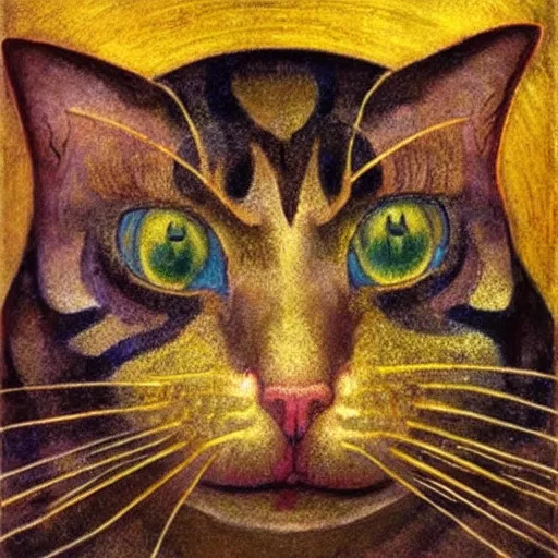 Image similar to cloisonne cat head, by annie swynnerton and diego rivera and nicholas roerich and jean delville, symbolist, dramatic lighting, god rays, art brut, rich colors, smooth, sharp focus, extremely detailed, adolf wolfli and ( donato giancola and bilibin )