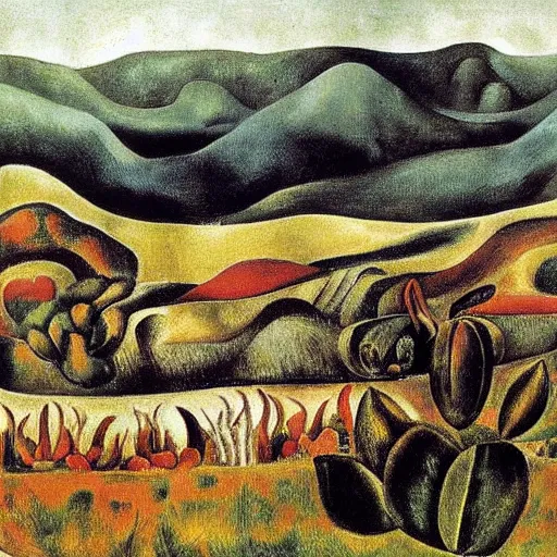 Prompt: Landscape, by Frida Kahlo.