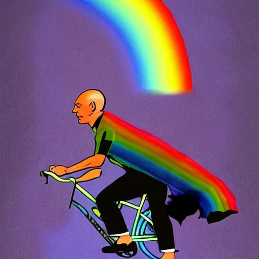 Image similar to Captain Picard riding on a rainbow, highly detailed