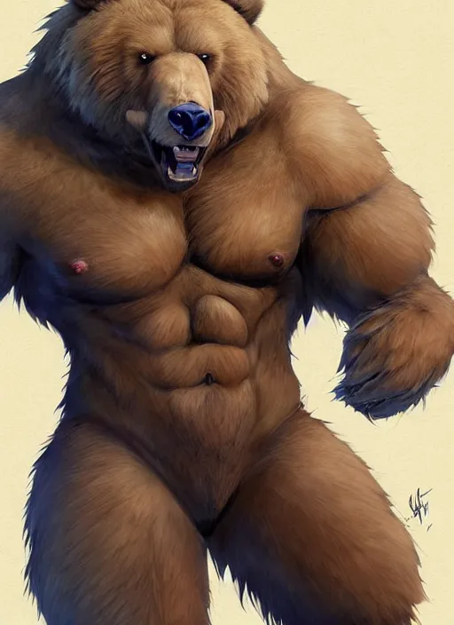 Image similar to award winning beautiful portrait commission art of a muscular male furry anthro grizzly bear fursona with a cute beautiful attractive detailed furry face wearing gym shorts and a tanktop at the gym. Character design by charlie bowater, ross tran, artgerm, and makoto shinkai, detailed, inked, western comic book art