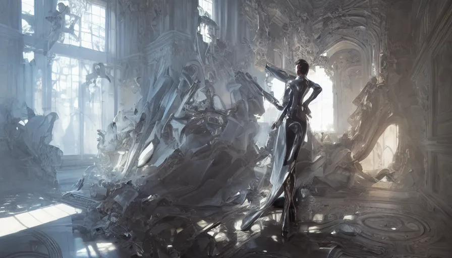 Image similar to woman in chrome mechsuit in rococo interior, light, shadows, reflections, epic composition, intricate, elegant, volumetric lighting, digital painting, highly detailed, artstation, sharp focus, illustration, concept art, ruan jia, steve mccurry
