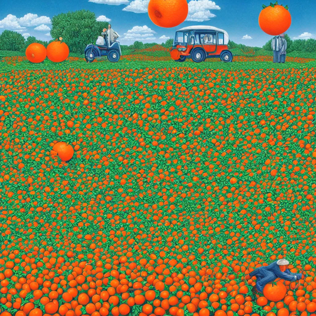 Image similar to a orange strawberry field seen by far in a car riding by, by Rob Gonsalves