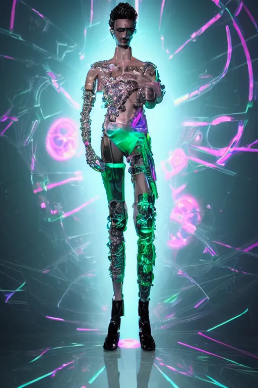 Prompt: full-body rococo and cyberpunk style crystal quartz statue of a young handsome seductive Brazilian android gogo boy reaching for the sky, glowing pink laser eyes, crown of white gears and diamonds, swirling green-colored silk fabric. futuristic elements. full-length view. intricate artwork by caravaggio. Trending on artstation, octane render, cinematic lighting from the right, hyper realism, octane render, 8k, depth of field, 3D