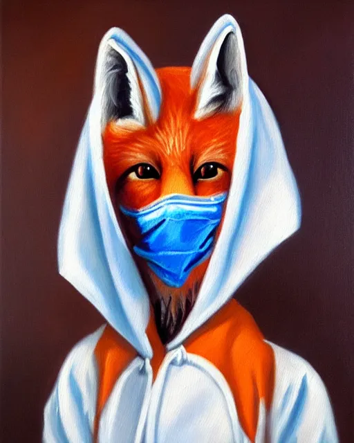 Prompt: oil painting portrait of anthropomorphic female fox animal dressed in labcoat, surgical mask covering mouth, holding syringe, fox animal, hospital in background, oil painting,