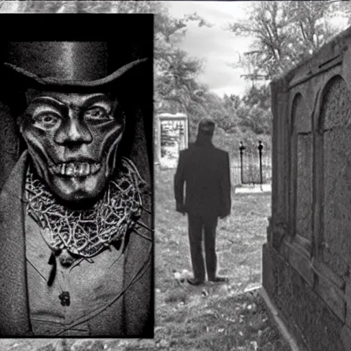 Image similar to cctv security cam grainy black and white footage of baron samedi in an spooky graveyard. baron samedi is looking at the camera.