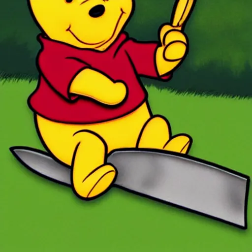 Image similar to winnie the pooh holding a bloody knife, in the style of winnie the pooh cartoon