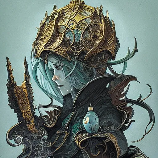 Image similar to bright elf+ Grey smoke, symetrical + scythe + magic ornament + golden ratio + elements + pattal + baroque + marc simonetti, paul pope, peter mohrbacher, detailed, intricate ink illustration