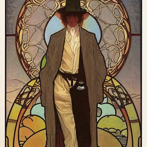 Prompt: thomas newton, the man who fell to earth, mucha style,