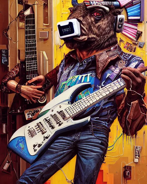 Image similar to a portrait of an anthropomorphic cyberpunk bison shredding an electric guitar by sandra chevrier, by jon foster, detailed render, tape deck, epic composition, cybernetics, 4 k realistic, cryengine, realistic shaded lighting, sharp focus, masterpiece, by enki bilal