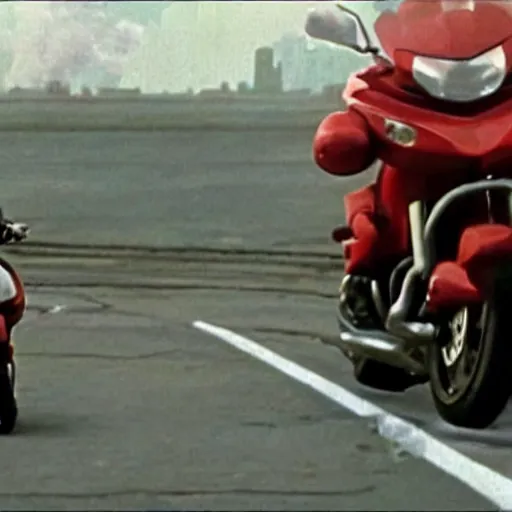 Image similar to a motor cycle chase. cinematic. scene from the movie Akira.