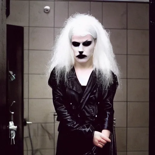 Prompt: a 2 0 y. o. girl with white hair and makeup in a bathroom, an album cover by nan goldin, tumblr, international gothic, goth, antichrist, gothic