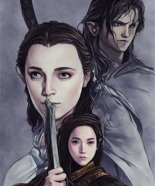 Prompt: photo drawing painting portrait of a noble young woman with a sword in style of game art lord of the rings banner saga ashes of gods gantz photorealistic frank miller alex ross trending