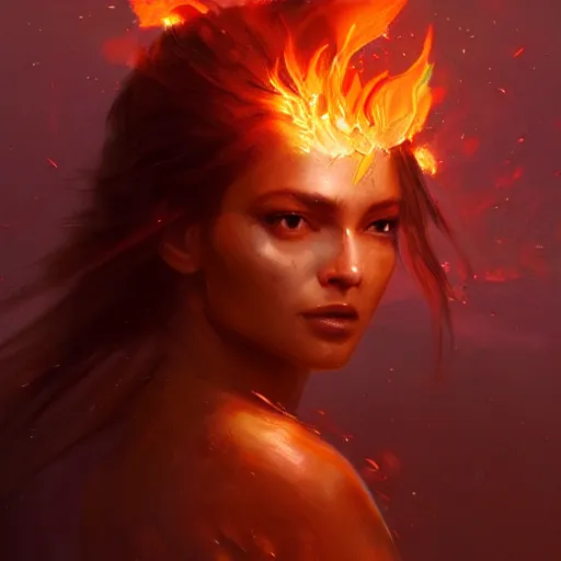 Image similar to a beautiful portrait of a flame goddess by Greg Rutkowski and Raymond Swanland, Trending on Artstation, Flaming Background, ultra realistic digital art