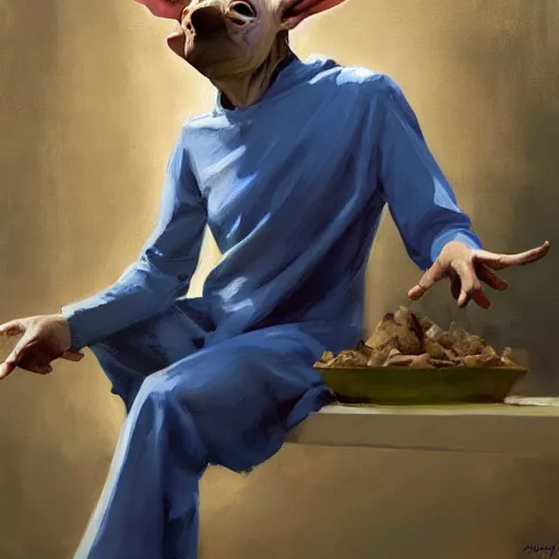 Image similar to greg manchess portrait of dobby the house holding the body of a man in a blue suit over his head, organic painting, sunny day, matte painting, bold shapes, hard edges, street art, trending on artstation, by huang guangjian, gil elvgren, ruan jia, randy vargas, greg rutkowski