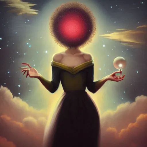 Image similar to the designer of the universe, woman holding a bright ball in her hand, in the style of tom bagshaw