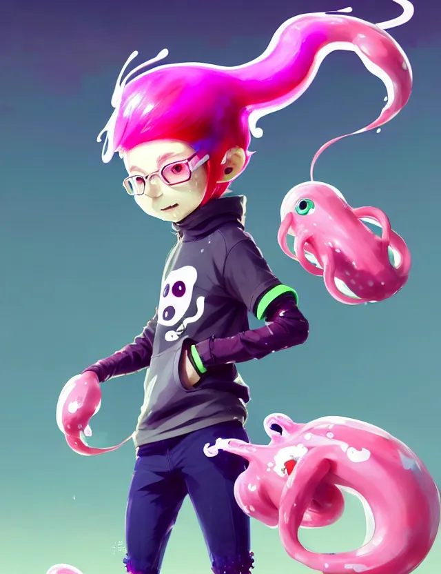 Image similar to a beautiful fullbody portrait of a cute splatoon anime boy with pink hair and green eyes wearing sports clothing leggings. character design by cory loftis, fenghua zhong, ryohei hase, ismail inceoglu and ruan jia. artstation, volumetric light, detailed, photorealistic, fantasy, rendered in octane