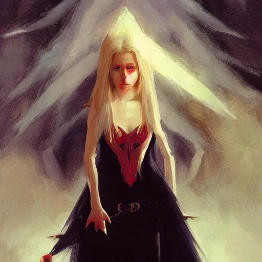 Prompt: a painting of an female elf wearing a black dress with blonde hair and red eyes. by edward robert hughes and craig davison and tooth wu and wlop and beeple and greg rutkowski. trending on artstation, highly detailed, volumetric lightning