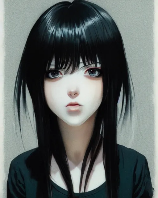 Image similar to portrait Anime goth girl, cute-fine-face, black-hair pretty face, realistic shaded Perfect face, fine details. Anime. realistic shaded lighting by Ilya Kuvshinov katsuhiro otomo ghost-in-the-shell, magali villeneuve, artgerm, rutkowski, WLOP Jeremy Lipkin and Giuseppe Dangelico Pino and Michael Garmash and Rob Rey