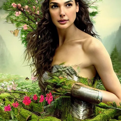 Image similar to Portrait of the beautiful woman Gal Gadot as a forest nymph, she is posing, she has a crown of flowers, she is sitting on an ancient ruins, there is fog and lots of extravagant insects, she is getting ulluminated by wood fire, the photo was taking by Annie Leibovitz, matte painting, oil painting, naturalism, 4k, 8k