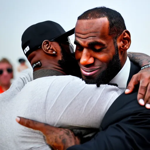 Image similar to photograph of lebron james hugging Jeffrey Epstein