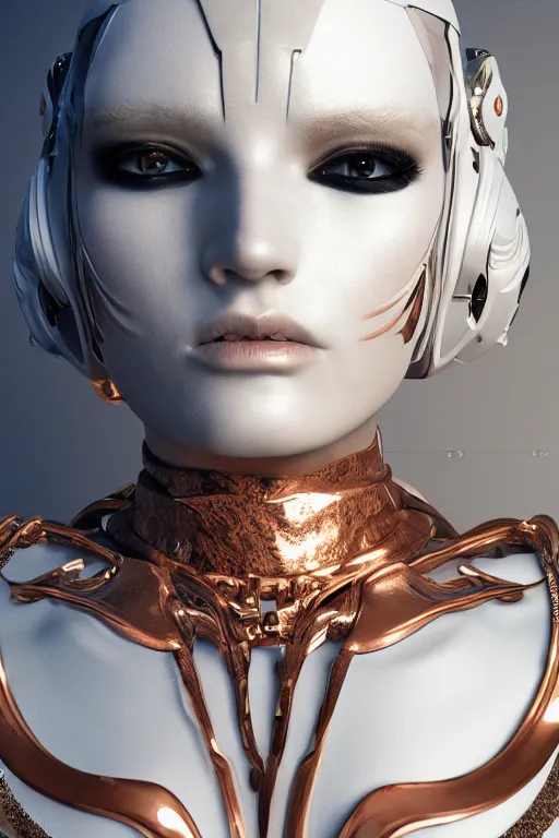 Prompt: white cyborg fashion shot, copper spiral decorations, white elegant baroque design, smooth heads, headshot half figure, photorealistic, 8k, hyper detailed, unreal engine, trending on artstation,