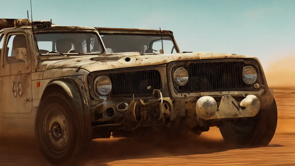 Image similar to illustration of mad max's fj 4 0 pursuit special, the last v 8 interceptor driving down to the gates of valhalla highway, riding fury road eternal shiny and chrome, world of fire and blood, by makoto shinkai, ilya kuvshinov, lois van baarle, rossdraws, basquiat, studio ghibli, global illumination ray tracing hdr