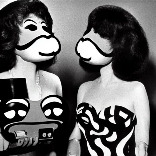 Prompt: 1978 twin women on tv show wearing an inflatable smileymask with a long prosthetic nose and googly eyes, technicolor wearing a leotard at the store 1978 color film 16mm holding a hand puppet Fellini John Waters Russ Meyer Doris Wishman