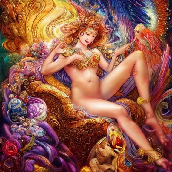 Image similar to a celestial goddess being lazy on her day off laying on a couch catching up on social media, magic realism, art by josephine wall, art by huang guangjian, art by viktoria gavrilenko, art by amanda sage, trending on artstation