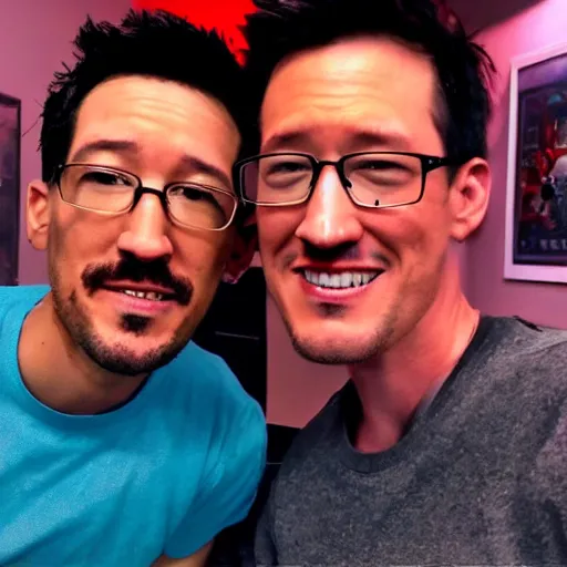 Image similar to Markiplier taking a selfie with Eminem, photorealistic, shot on iphone, realistic lighting, ultra high detail,