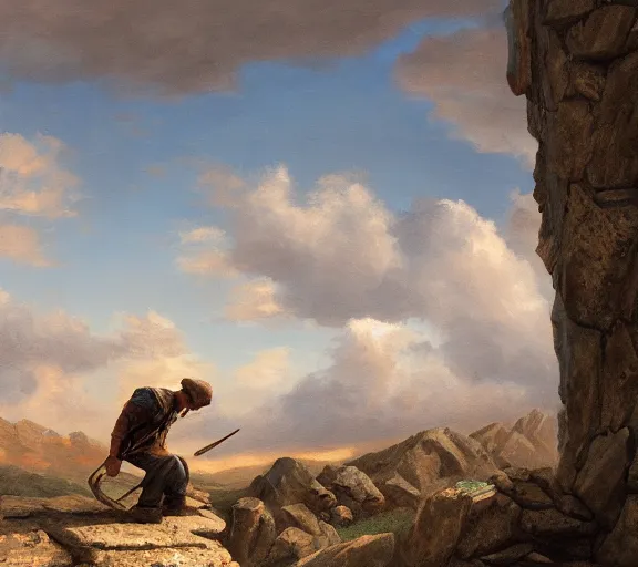 Prompt: landscape portrait of tyler childers working on a building out of hand hewn brimstone, all alone by william sidney mount, trending on artstation