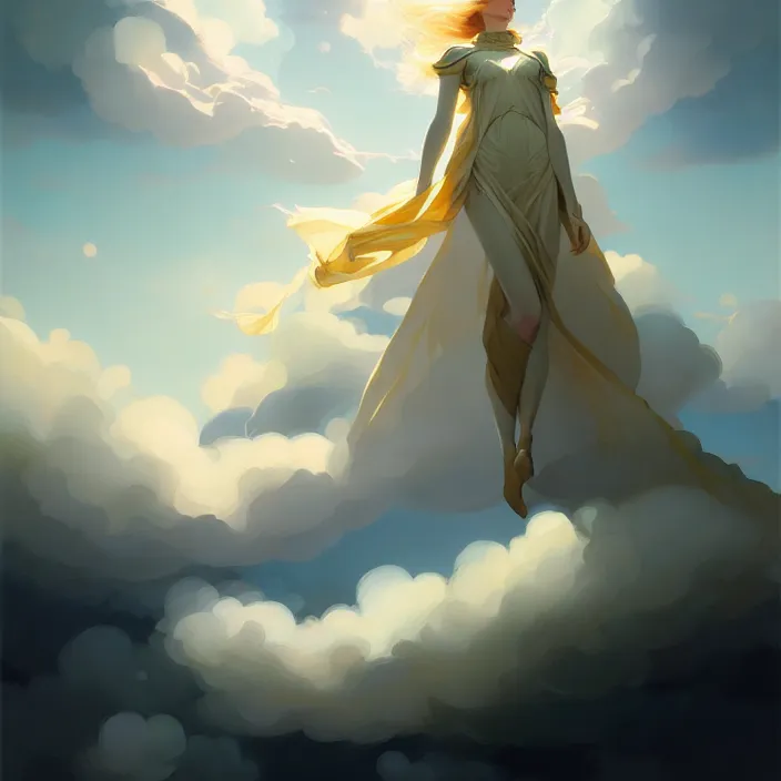 Prompt: style artgerm, joshua middleton, jeremy lipking, soft castle in the sky white with gold, majestic spires, clouds swirling, detailed, sky setting, volumetric lighting