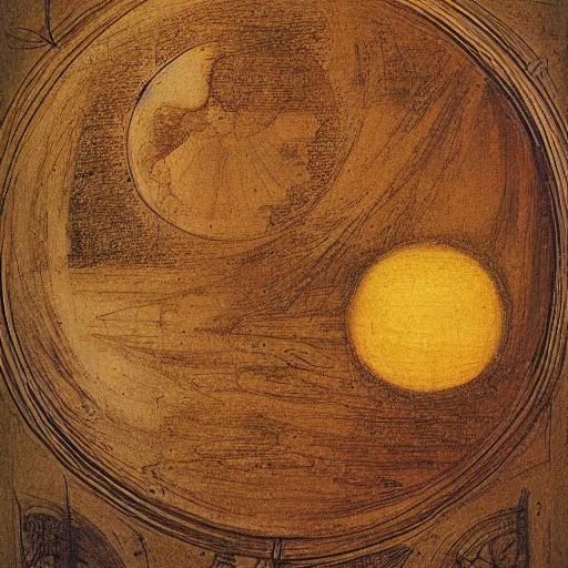 Prompt: god creating earth, moon and sun by leonardo davinci