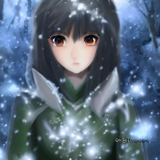 Prompt: portrait focus of knight beautiful 3D anime girl, ice armor wearing, dark forest background, snowing, bokeh, inspired by Masami Kurumada, digital painting, high contrast, unreal engine render, volumetric lighting, high détail