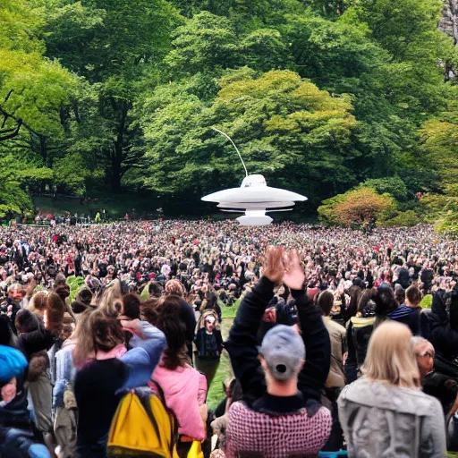 Image similar to a crowd of people watching and waving to a departing ufo in Central Park