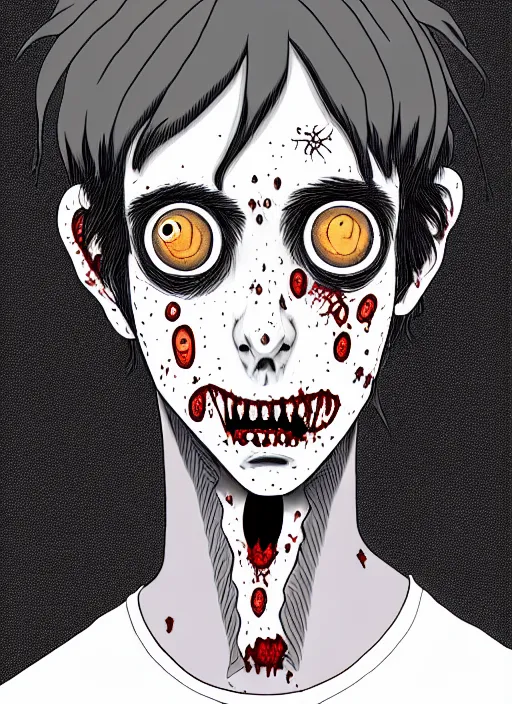 Image similar to junji ito style portrait of zombie teenage jughead jones wearing a light grey crown, zombie, crown, rotting skin, blind eyes, white eyes, crown, black hair, intricate, highly detailed, illustration, art by junji ito