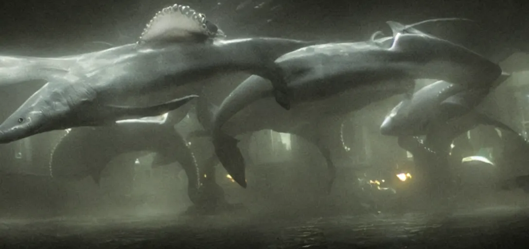 Image similar to a ghost shark attacking a robotic octopus, foggy, cinematic shot, photo still from movie by denis villeneuve, wayne barlowe