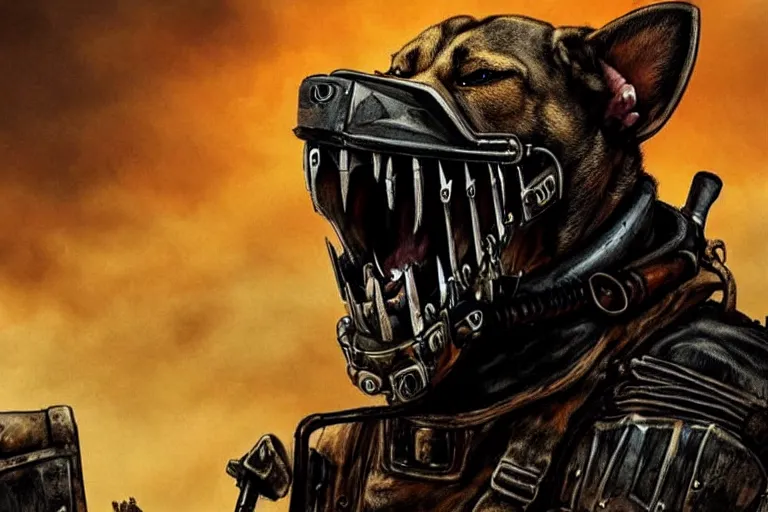 Image similar to a hound dog fursona ( from the furry fandom ), heavily armed and armored facing down armageddon in a dark and gritty version from the makers of mad max : fury road. witness me.