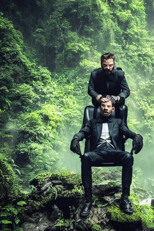 Image similar to movie closeup young man with a grey beard in a cyberpunk suit sitting on a futuristic chair at the edge of a jungle waterfall by emmanuel lubezki