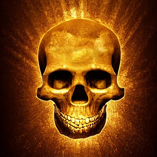 Image similar to a dark ominous chiaroscuro baroque still life photo of a ray of god light shining on a floating golden skull completely covered in ancient runic engravings inscriptions about prophecies, spells, ominous darkness background. weirdcore