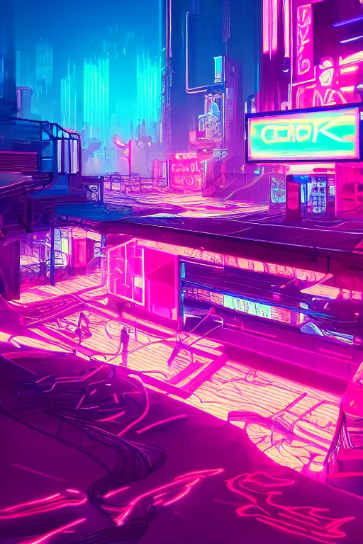 Prompt: cyberpunk syntwave beach, midday, pink neon lights, futuristic, cgsociety, in the style of artstation