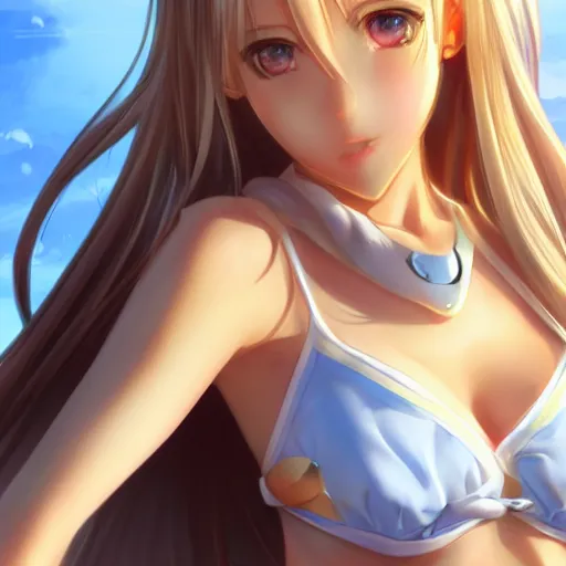 Image similar to a very beautiful mature yuuki asuna, full body, long wavy blond hair, sky blue eyes, full round face, bikini, miniskirt, front view, mid - shot, cute pose, highly detailed, cinematic wallpaper by stanley artgerm lau